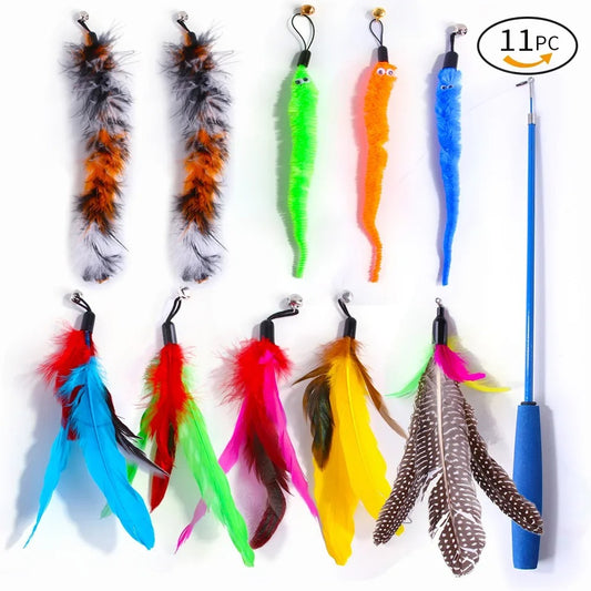 Interactive Cat Toy with Retractable Rod/Wand and changable toys- feathers, fluffy tails and catepillars